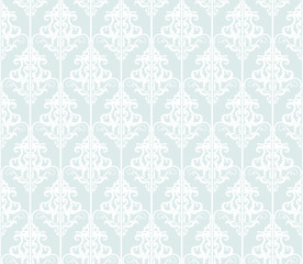 Damask seamless pattern background. Pastel blue and white. Vintage. For wedding design.