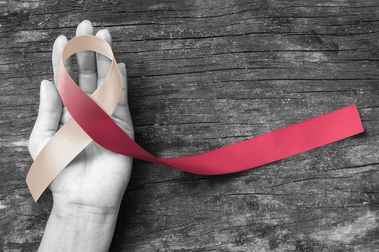 Head and neck cancer symbolic burgundy ivory white color ribbon isolated on human hand (clipping path) raising awareness help support campaign on people life living with tumor disease