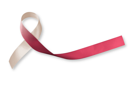 Head and neck cancer symbolic burgundy ivory white color ribbon isolated on white background (clipping path) raising awareness help support campaign on people life living with tumor disease