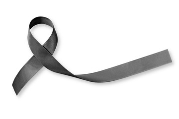 Shiny black satin fabric bow isolated on white background (clipping path): Ribbon color symbol raising public awareness on world Melanoma and skin cancer prevention campaign concept RIP 