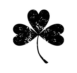Clover leaf isolated black on white background. Silhouettes of three leaf clover in flat style with abrasion, spots and scratches. The effect of abrasion and distressed.