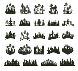 Tree outdoor travel black silhouette coniferous natural badges, tops pine spruce branch cedar and plant leaf abstract stem drawing vector illustration. - obrazy, fototapety, plakaty
