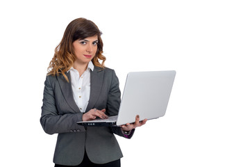 Young businesswoman with laptop, isolated on white