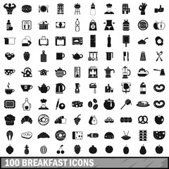 100 breakfast icons set in simple style