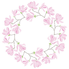 Flower round frame with magnolias. Spring wreath. Vector illustration with space for text.