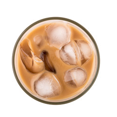 Ice coffee in a glass over white background, topview