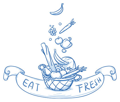 Basket being filled with fresh vegetables and fruits. With banner, grapes, carrots, babanas, peppers, apples, pumpkin. Hand drawn cartoon vector illustration.