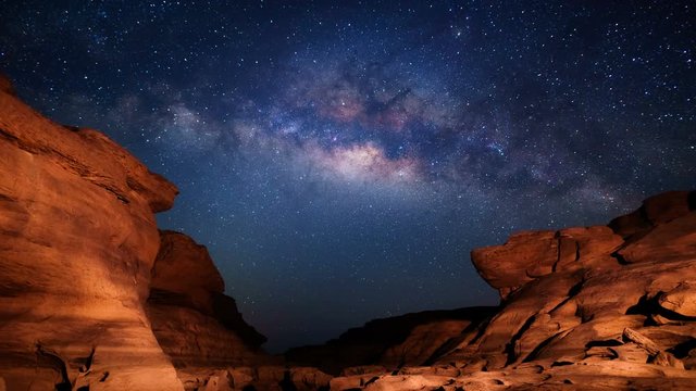 4K Time lapse of milky way and sunrise, Sam Pan Bok canyon, Ubon ratchathani, Thailand 
