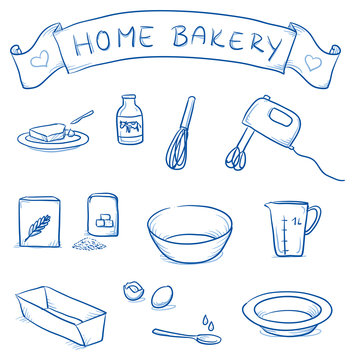Set of different icons for home bakery. With butter, milk, mixer, flour, egg, sugar, bowl. Hand drawn cartoon vector illustration.