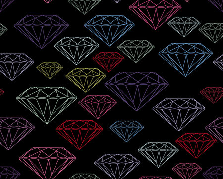 Multicolored silhouettes faceted gems gems on black background Seamless jewelry pattern.