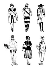 Set of stylish people with gadgets at street, sketch fashion collection. Vector illustration