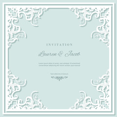 Wedding invitation card template with laser cutting frame. Square filigree cutout envelope design. Pastel blue and white colors.