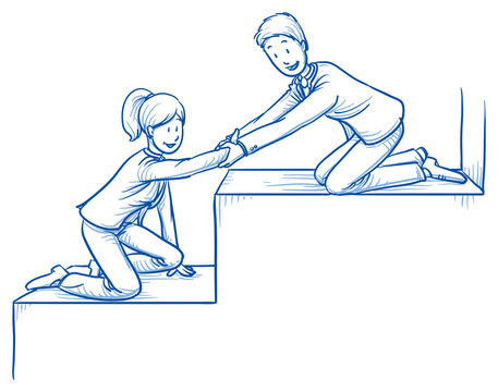Happy business team, men and women, helping each other climbing stairs, concept of good teamwork. Hand drawn line art cartoon vector illustration. 