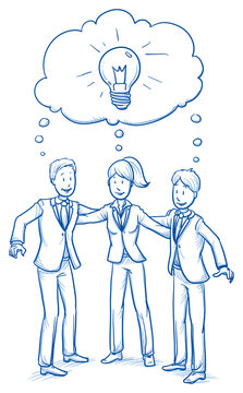 Happy business team, men and women, sharing their ideas, concept of good teamwork. Hand drawn line art cartoon vector illustration.