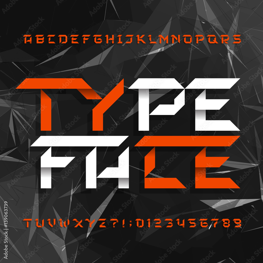 Fototapete decorative alphabet typeface. geometric type letters and numbers on a grey polygonal background. vec