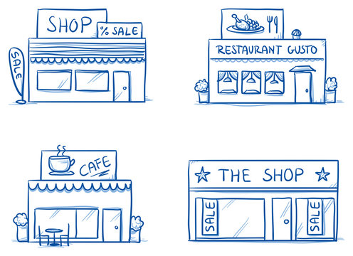 Set of different shop and restaurant buildings, cafe, store. Hand drawn cartoon vector illustration.
