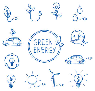 Icon set green energy, ecology, sustainability, with various objects, car, current, power plant, lightbulb, plant, leaf, water, globe. Hand drawn line art cartoon vector illustration.