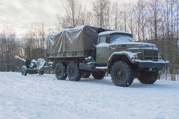 on the trailer to the truck anti-tank artillery gun.
