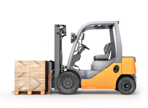Forklift with boxes in a pallet. Isolated white background. 3d illustration