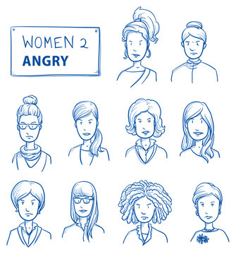 Collection of angry women. Set of various dissatisfied, enraged women in business and casual clothes, mixed age expressing unhappy, negative emotions. Hand drawn line art cartoon vector illustration.