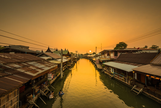 Travel Amphawa Floating market village at sunset , Samut Songkhram, Thailand