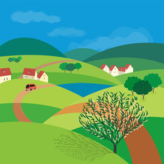 Green landscape. Freehand drawn cartoon outdoors style. Farm houses, country winding road on meadow, field, blooming tree. Rural community view among hills. Vector village countryside scene background