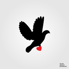 Dove with a heart. Dove brings love. Love message. Dove silhouette. Red heart