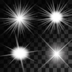 Set of Vector glowing light effect stars bursts with sparkles on transparent background. Transparent stars.