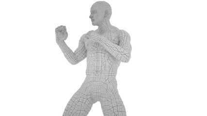 Digital man in boxing position, isolated on white background, 3 d render