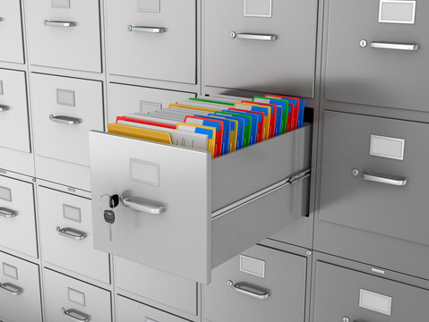 Cupboards for documents with the stationery folder. 3D illustration