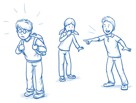 Group of three children with school boy being bullied. Hand drawn cartoon doodle vector illustration.	
