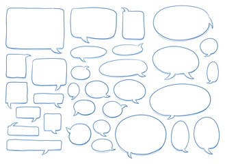 Set of different shapes and sizes of speech bubbles, round, oval, square. Hand drawn cartoon doodle vector illustration. 