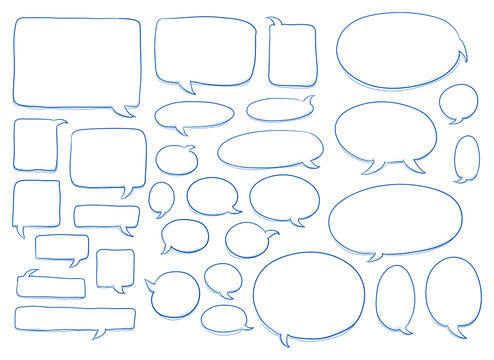 Set of different shapes and sizes of speech bubbles, round, oval, square. Hand drawn cartoon doodle vector illustration. 