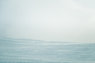 A beautiful, minimalist landscape of flat, snowy Norwegian field. Clean, light, highkey, decorative look.