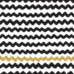Black ink, white and gold glitter vector seamless zigzag pattern.