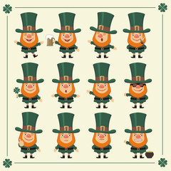 Big set Leprechaun and text for Saint Patrick day. Collection isolated Leprechaun in cartoon style.