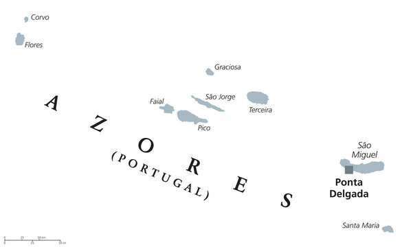 Azores political map with capital Ponta Delgada. Autonomous region of Portugal, an archipelago composed of nine volcanic islands in North Atlantic Ocean. Gray illustration, English labeling. Vector.