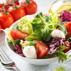 Fresh salad in a bowl. Green leaves tomatoes mozarella. Organic diet food