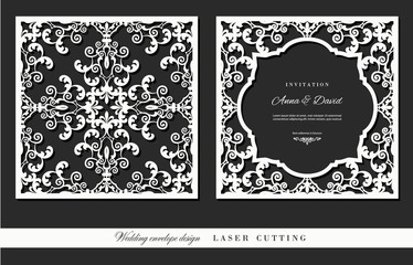 Laser cutting frame and damask panel set. Square filigree cutout envelope design. Front and back.