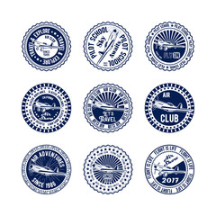 Vector badges set the classical propeller aircraft pilot school air club air show for print and web on a white background
