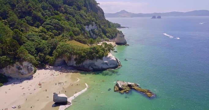 Aerial of Te Whanganui-A-Hei (Cathedral Cove) Marine Reserve in Coromandel Peninsula North Island, New Zealand.