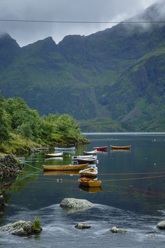 Traditional boats at lake &Aring;gvatnet, next to the the fishing Village of &Aring; (Aa),  Moskenes, Lofoten islands, Norway.