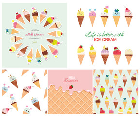 Ice cream big set. Seamless patterns, templates, stickers. Hello summer design.