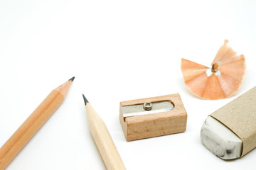 Education tool ,Pencil, Scrap Eraser and Sharpener made of wood on white background with copy space