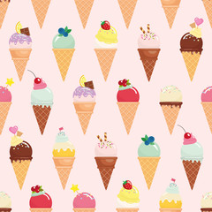 Ice cream cone seamless pattern background. Realistic. Bright and pastel colors. For print and web.