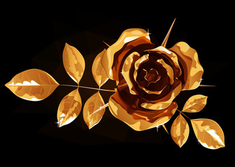 Золотая роза с полураскрытыми лепестками и листьями, на черном фоне с подсветкой и бликами