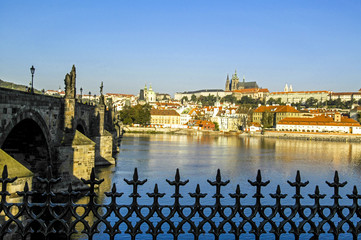 Prague, city view, hill Hradschin, river Moldova, Carls bridge,
