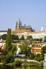 Prague, hill Hradschin with Veits Cathedral, river Moldova, Czec