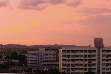 building in city and sky sunset beautiful colorful evening nature landscape twilight time with silhouette
