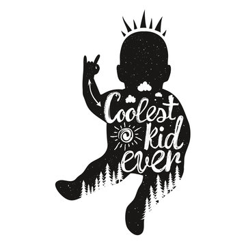 Vector lettering typography poster with baby silhouette and quote - Coolest kid ever